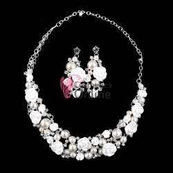 Colier cu cercei AS04AA Argintiu cu cristale si perle